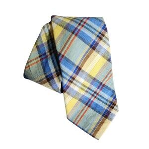 Lands End Handsewn Silk Neck Tie Yellow Blue Plaid Made in USA